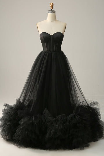 A Line Sweetheart Black Corset Prom Dress with Ruffled